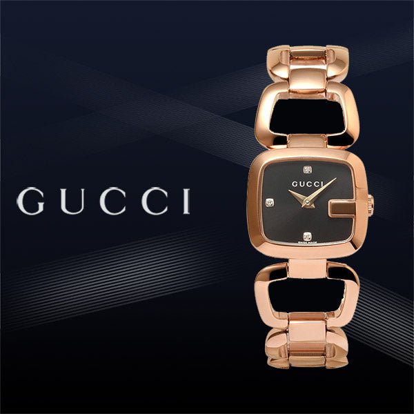 Gucci G Ladies Diamonds Black Dial Rose Gold Steel Strap Watch For Women - YA125512 Watches Gucci   