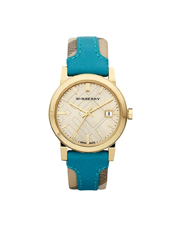 Burberry The City Gold Dial Turquoise Leather Strap Watch for Women - BU9018 Watches Burberry   