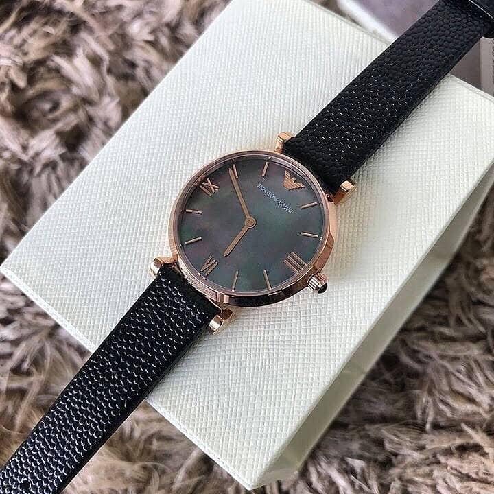 Emporio Armani Gianni T Bar Black Mother of Pearl Dial Black Leather Strap Watch For Women - AR11060 Watches Emporio Armani   