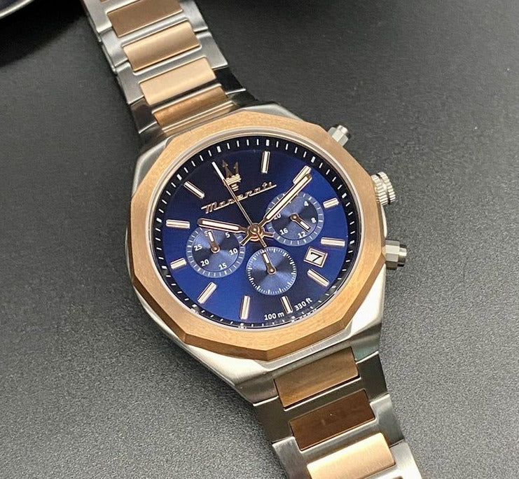 Maserati Stile Chronograph Blue Dial Rose Gold Two Tone Strap Watch For Men - R8873642002 Watches Maserati   