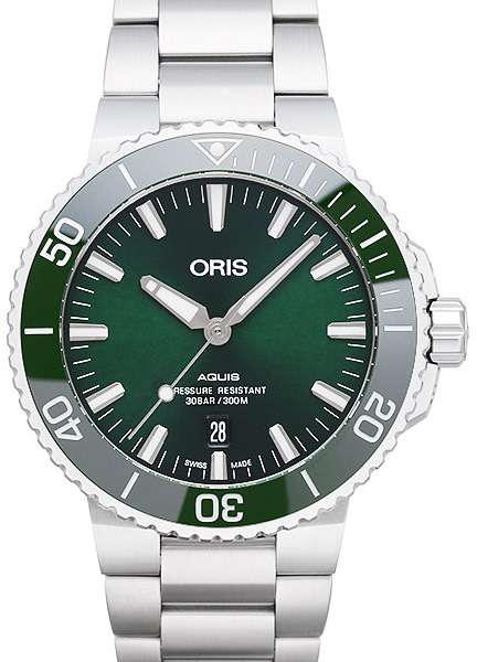 Oris Aquis Date Green Dial Silver Steel Strap Watch For Men - 0173377304157-0782405PEB