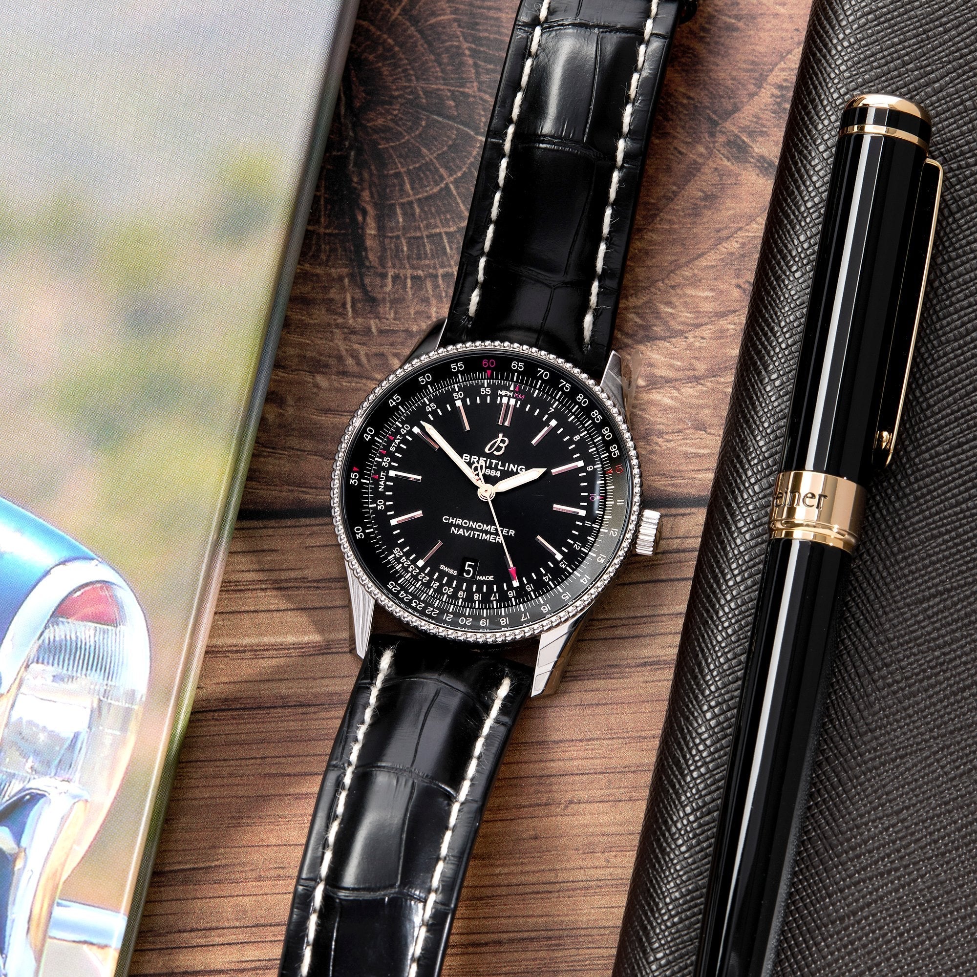 Breitling Automatic 41mm Black Dial Black Leather Strap Watch for Men - A17326241B1P1 Watches Breitling   