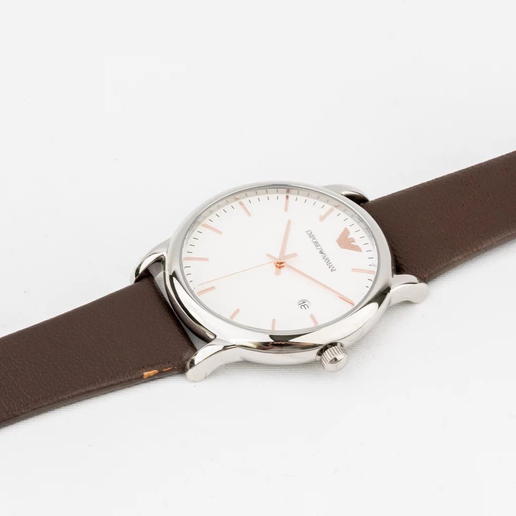 Emporio Armani White Dial Brown Leather Strap Watch For Men - AR11103 Watches Emporio Armani   