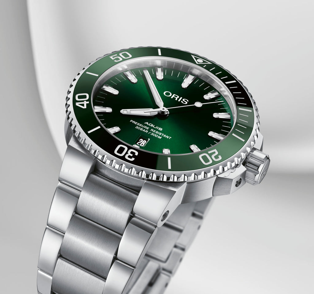 Oris Aquis Date Green Dial Silver Steel Strap Watch For Men - 0173377304157-0782405PEB