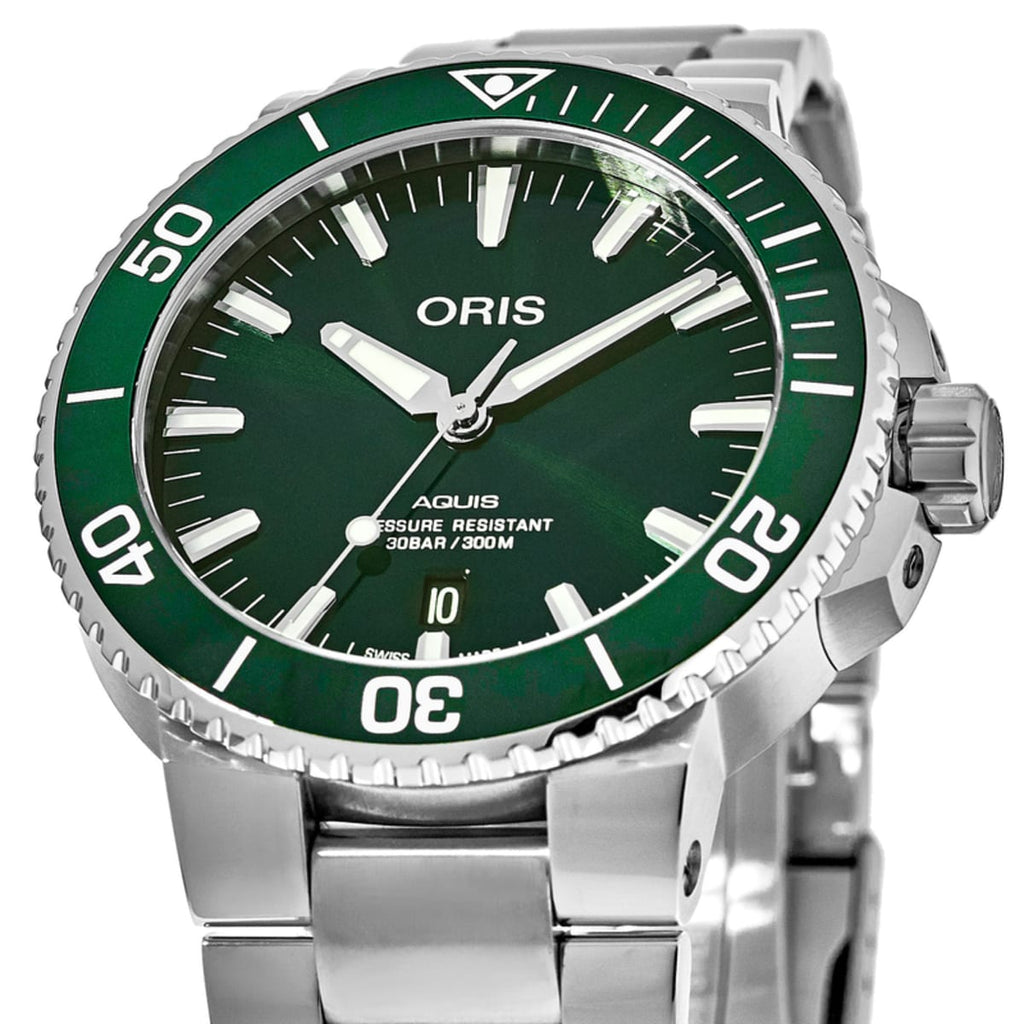 Oris Aquis Date Green Dial Silver Steel Strap Watch For Men - 0173377304157-0782405PEB