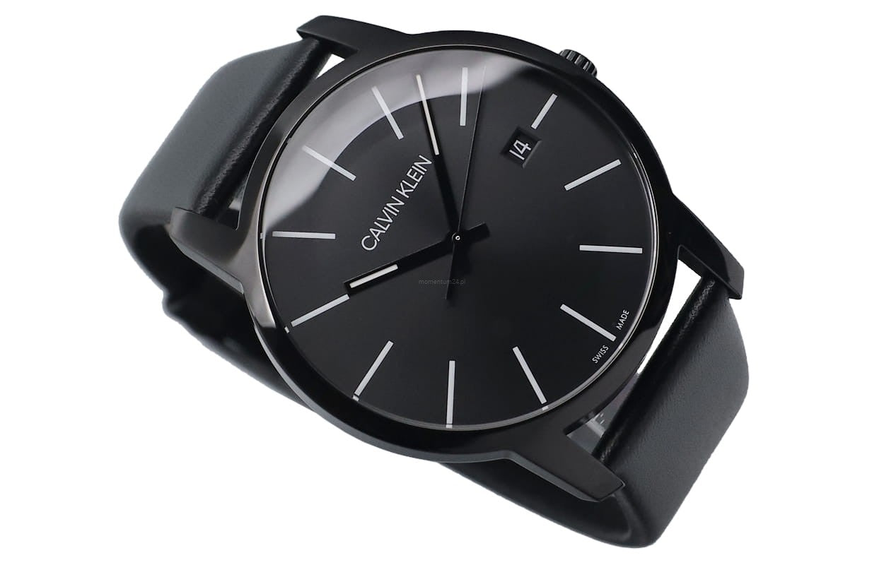 Calvin Klein City Quartz Black Dial Black Leather Strap Watch for Men - K2G2G4CX Watches Calvin Klein   