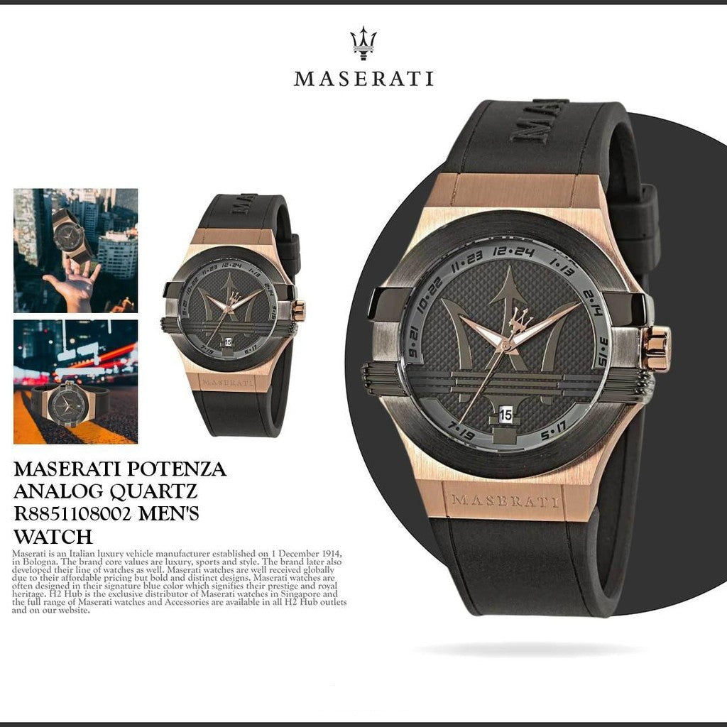 Maserati Potenza Black & Rose Gold Dial Black Rubber Strap Watch For Men - R8851108002 Watches Maserati   