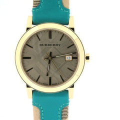 Burberry The City Gold Dial Turquoise Leather Strap Watch for Women - BU9018 Watches Burberry   