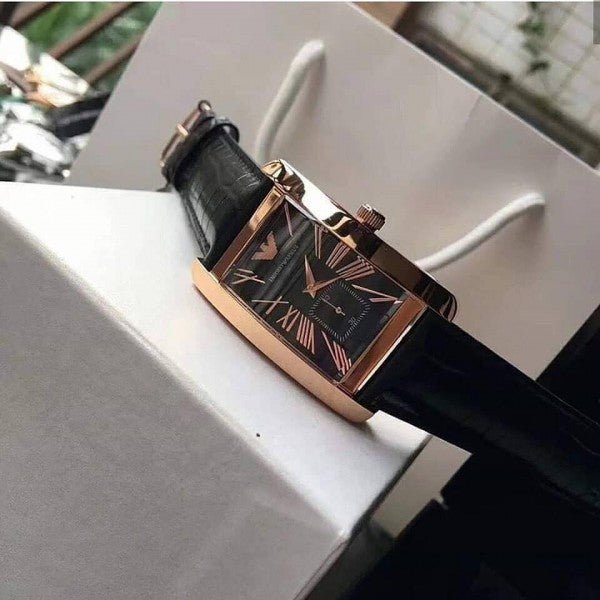 Emporio Armani Classic Black & Rose Gold Dial Black Leather Strap Watch For Men - AR0168 Watches Emporio Armani   