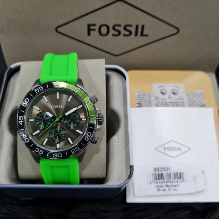 Fossil Bannon Chronograph Grey Dial Green Silicone Strap Watch for Men - BQ2501 Watches Fossil   