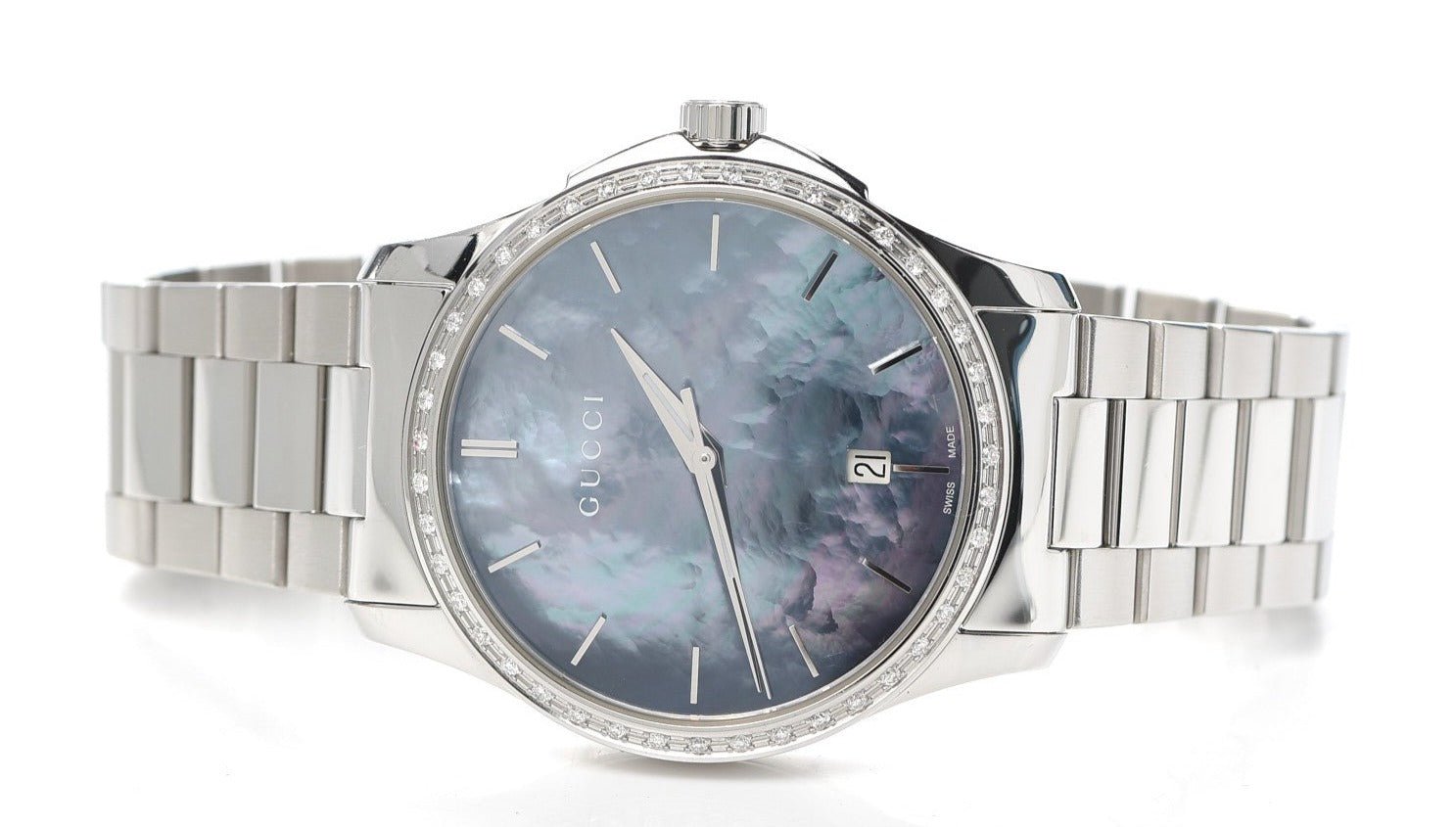 Gucci G Timeless Diamonds Mother of Pearl Blue Dial Silver Steel Strap Unisex Watch - YA126458 Watches Gucci   