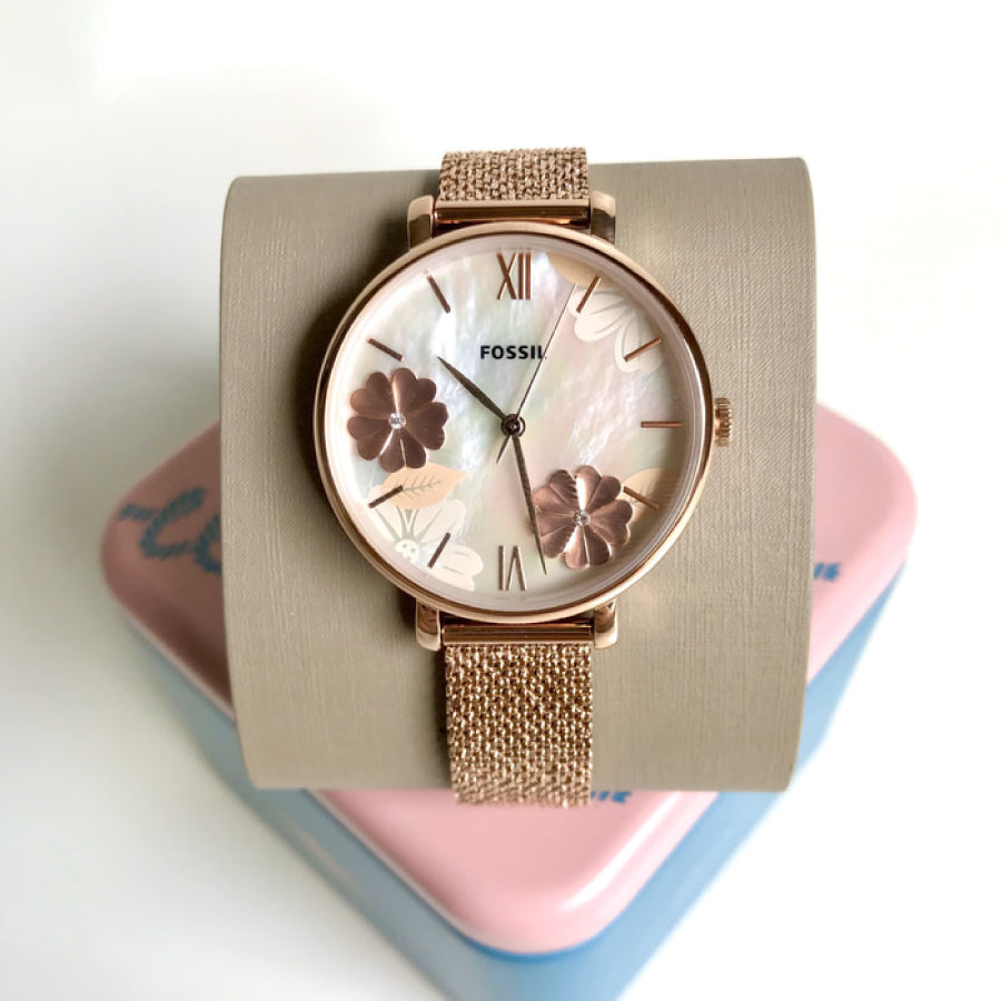 Fossil Jacqueline Three-Hand White Dial Rose Gold Mesh Bracelet Watch for Women - ES4534 Watches Fossil   