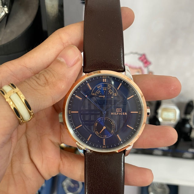 Tommy Hilfiger Hunter Blue Dial Brown Leather Strap Watch for Men - 1791605 Watches Tommy Hilfiger   