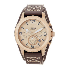 Fossil Nate Chronograph Gold Dial Brown Leather Strap Watch for Men - JR1495 Watches Fossil   