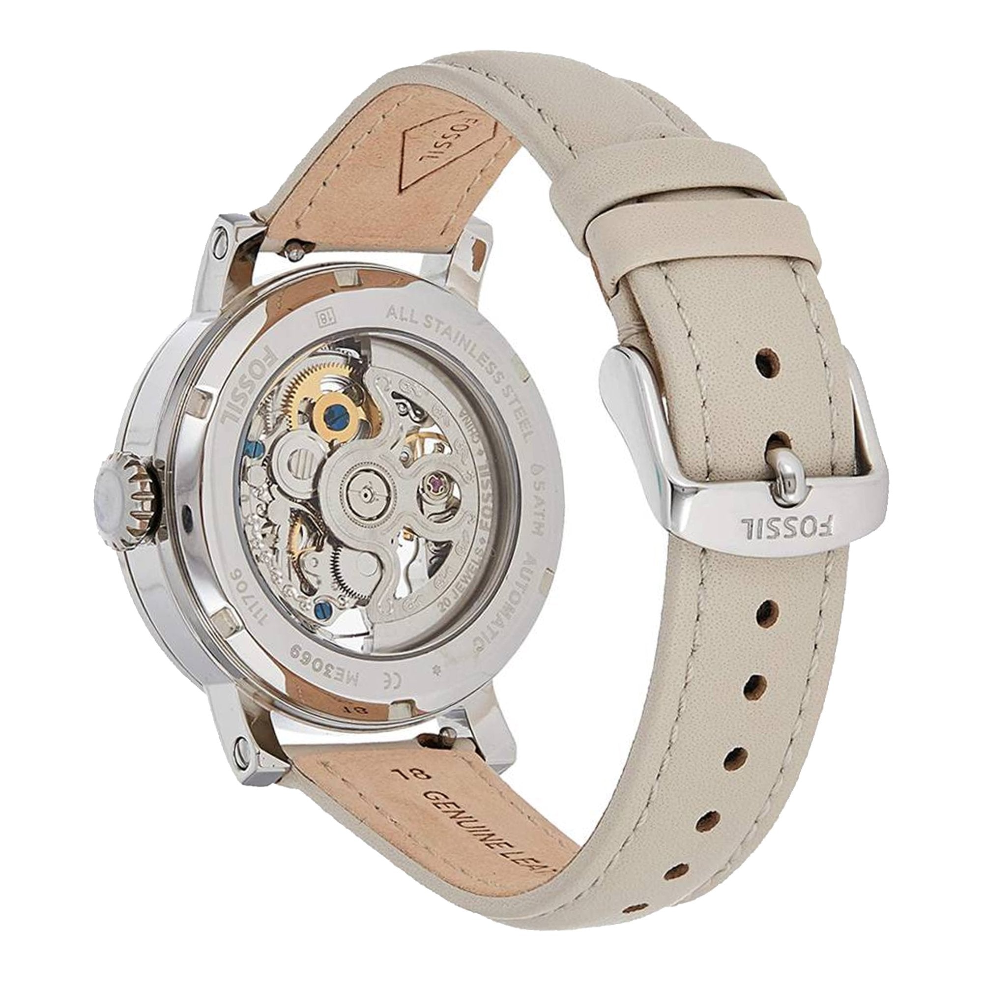 Fossil Boyfriend Automatic Skeleton Silver Dial White Leather Strap Watch for Women - ME3069 Watches Fossil   