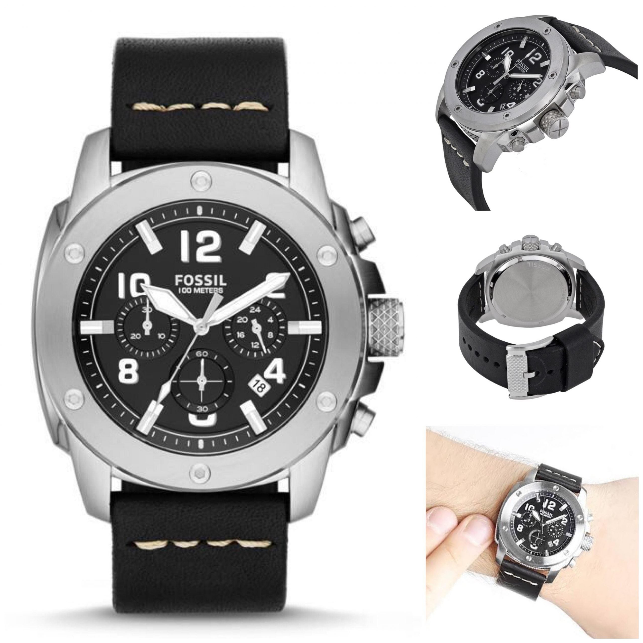 Fossil Modern Machine Chronograph Black Dial Black Leather Strap Watch for Men - FS4928 Watches Fossil   