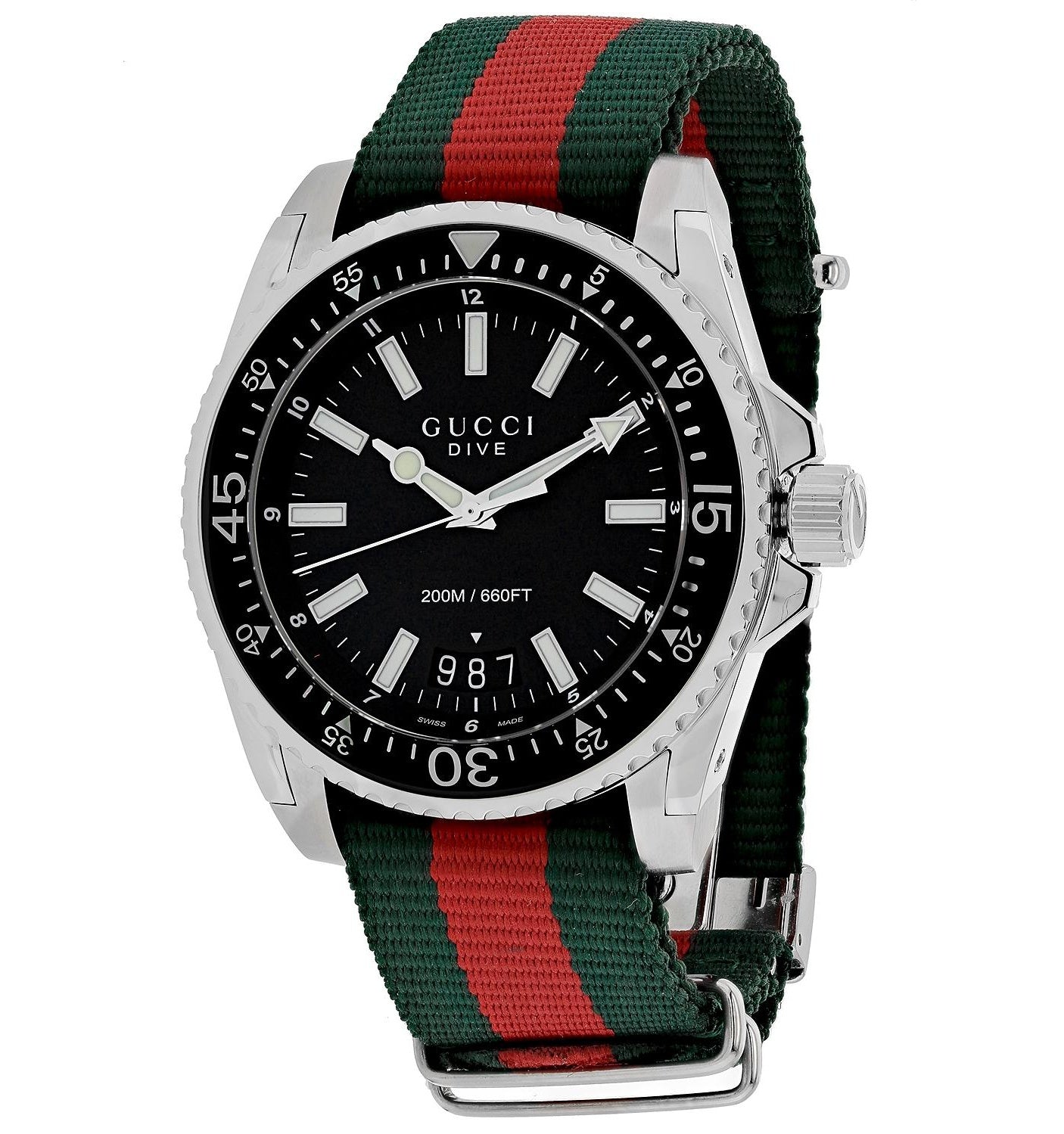 Gucci Dive Black Dial Green & Red Nylon Strap Watch For Men - YA136206 Watches Gucci   