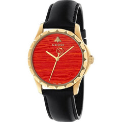 Gucci G Timeless Coral Red Dial Black Leather Strap Watch For Men - YA126464 Watches Gucci   