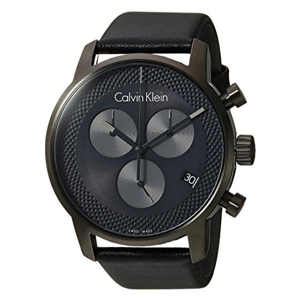 Calvin Klein City Chronograph Grey Dial Black Leather Strap Watch for Men - K2G177C3 Watches Calvin Klein   