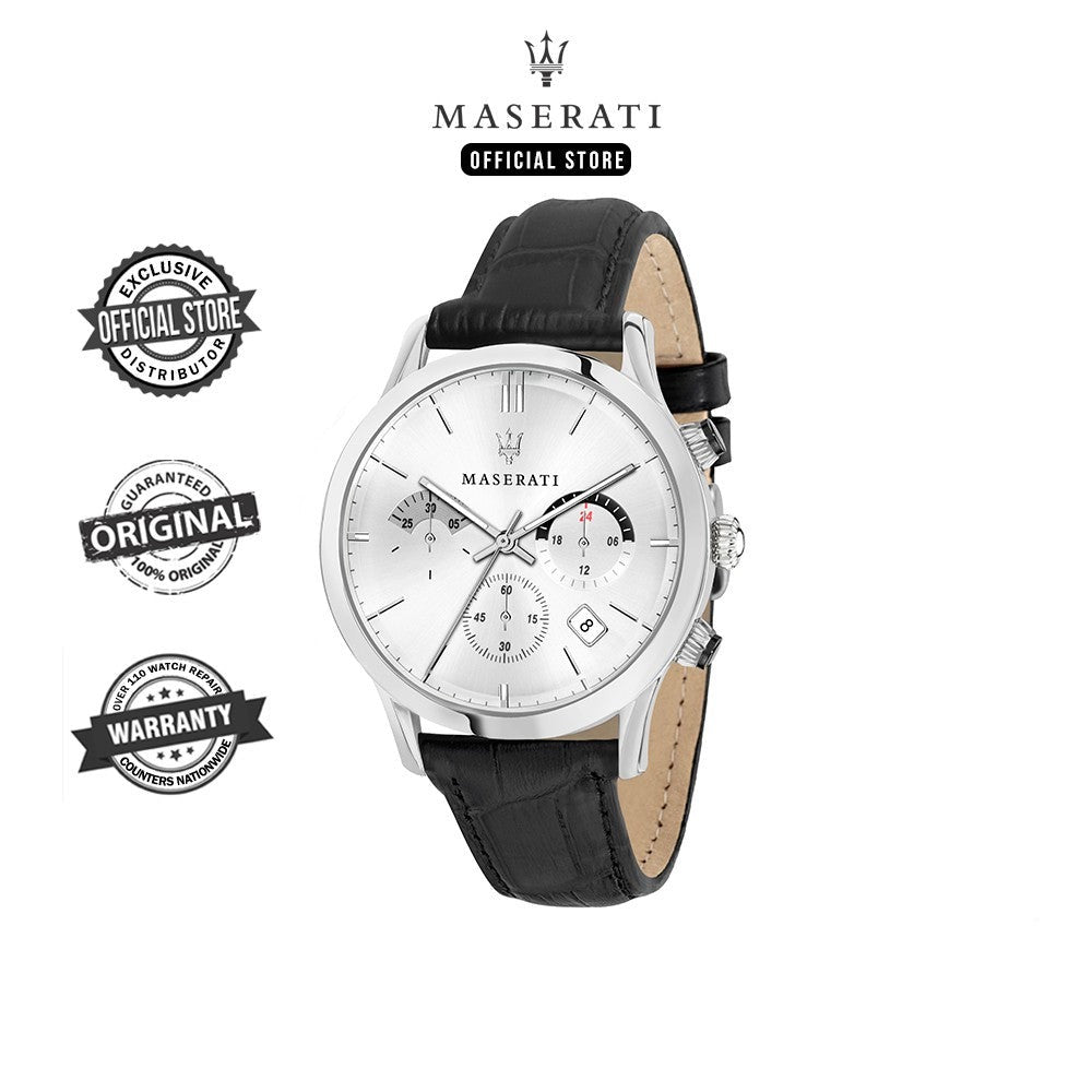 Maserati Ricordo Silver Dial Black Leather Strap Watch For Men - R8871633001 Watches Maserati   