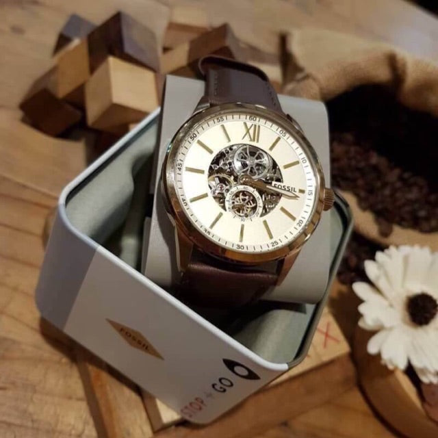 Fossil Flynn Mechanical Skeleton Champagne Dial Brown Leather Strap Watch for Men - BQ2215 Watches Fossil   