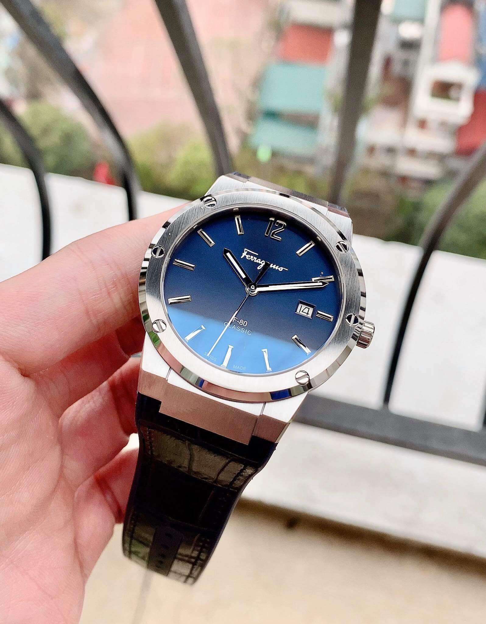 Salvatore Ferragamo F-80 Classic Blue Dial Blue Leather Strap Watch for Men - SFDT00319 Watches Salvatore Ferragamo   