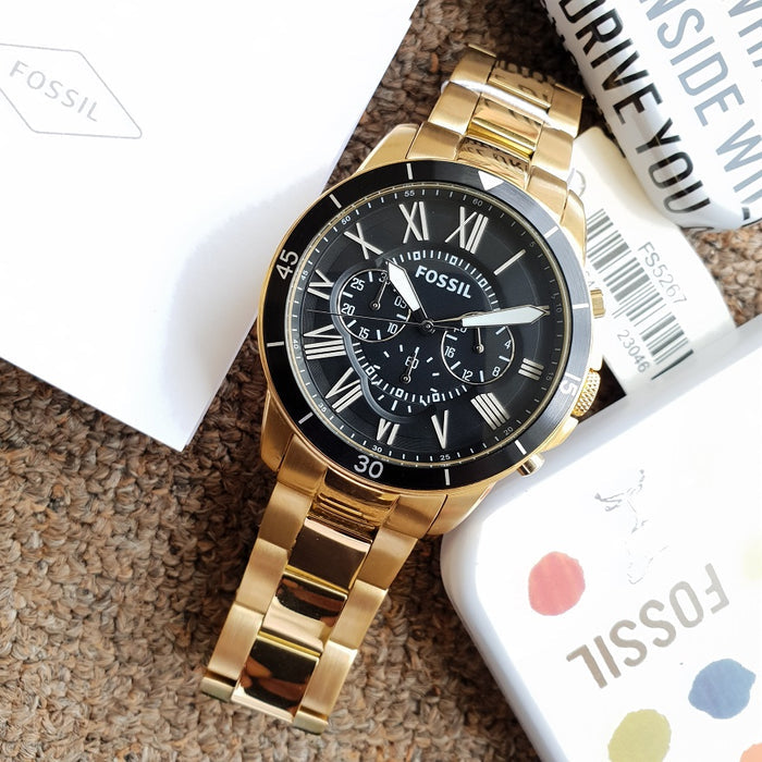 Fossil Inscription Automatic Black Dial Gold Steel Strap Watch for Men - FS5267 Watches Fossil   