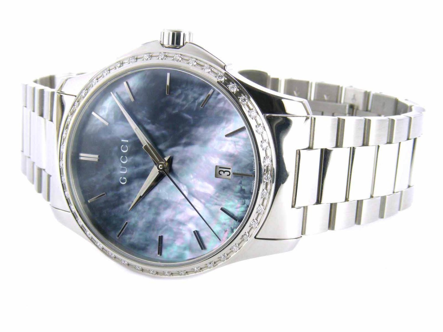 Gucci G Timeless Diamonds Mother of Pearl Blue Dial Silver Steel Strap Unisex Watch - YA126458 Watches Gucci   