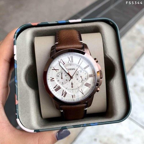 Fossil Grant Chronograph White Dial Brown Leather Strap Watch for Men - FS5344 Watches Fossil   