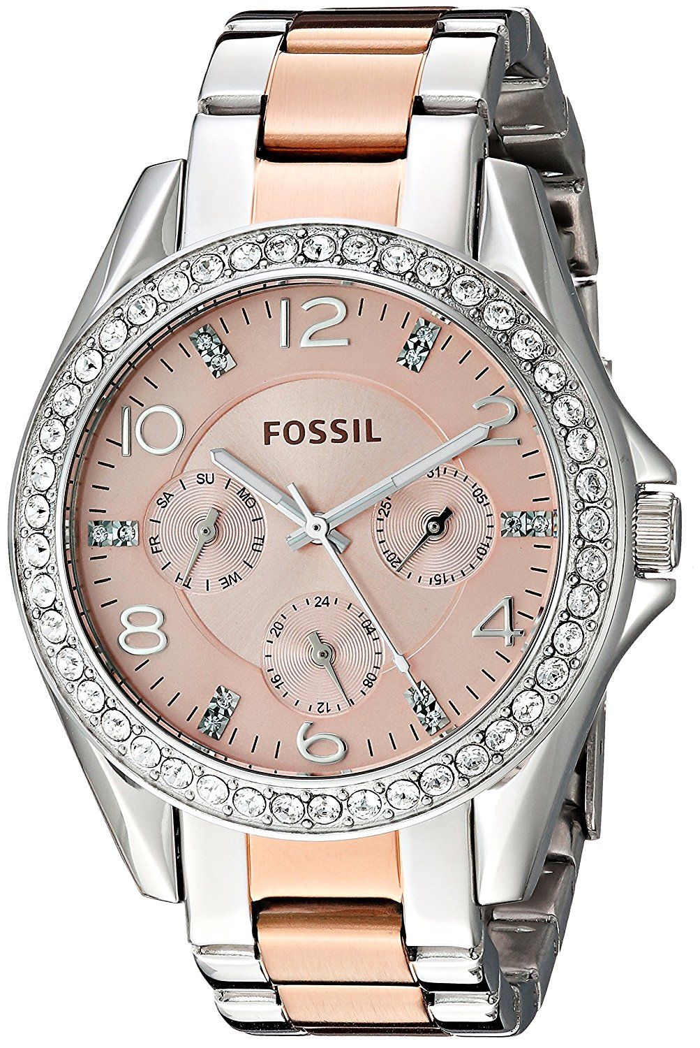 Fossil Riley Multifunction Rose Gold Dial Two Tone Steel Strap Watch for Women - ES4145 Watches Fossil   