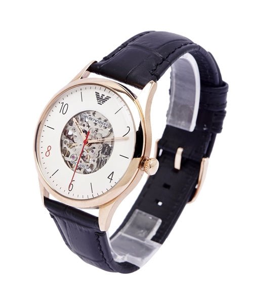 Emporio Armani Meccanico White Skeleton Dial Black Leather Strap Watch For Men - AR1924 Watches Emporio Armani   