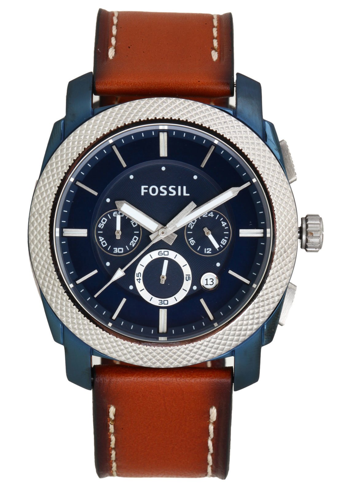 Fossil Machine Chronograph Blue Dial Brown Leather Strap Watch for Men - FS5232 Watches Fossil   