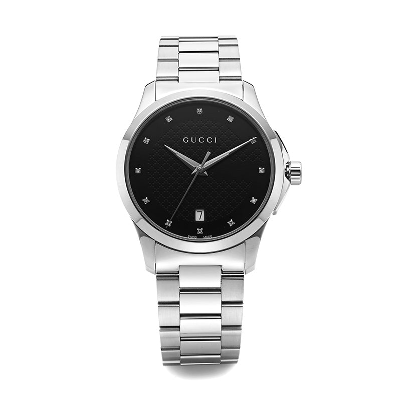 Gucci G Timeless Diamonds Black Dial Silver Steel Strap Watch For Men - YA126456 Watches Gucci   