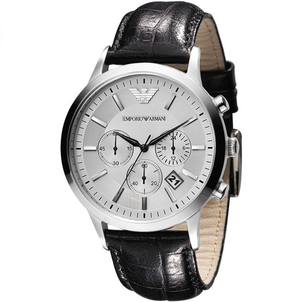 Emporio Armani Classic Chronograph Silver Dial Black Leather Strap Watch For Men - AR2432 Watches Emporio Armani   