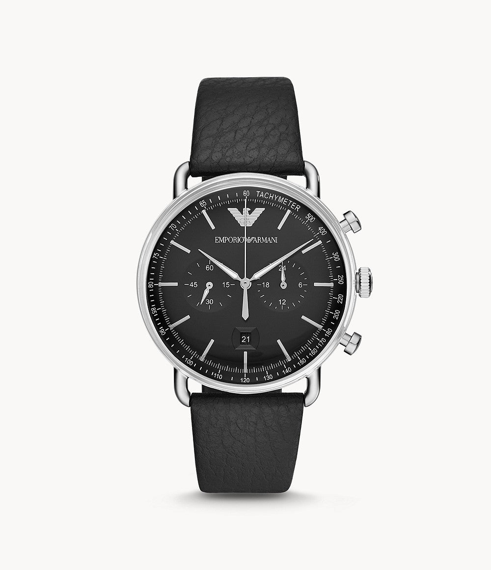 Emporio Armani Aviator Chronograph Black Dial Black Leather Strap Watch For Men - AR11143 Watches Emporio Armani   