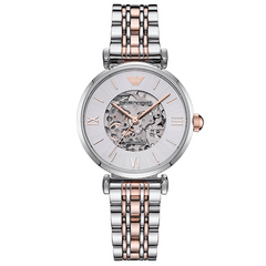 Emporio Armani Gianni T Bar Silver Skeleton Dial Two Tone Strap Watch For Women - AR1992 Watches Emporio Armani   