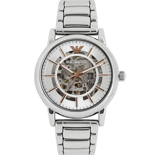 Emporio Armani Meccanico Silver Skeleton Dial Stainless Steel Watch For Men - AR1980 Watches Emporio Armani   