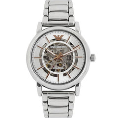 Emporio Armani Meccanico Silver Skeleton Dial Stainless Steel Watch For Men - AR1980 Watches Emporio Armani   