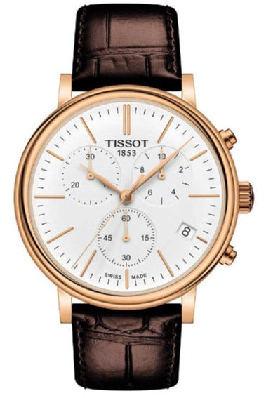 Tissot Carson Chronograph Premium White Dial Brown Leather Strap Watch For Men - T122.417.36.011.00 Watches Tissot   