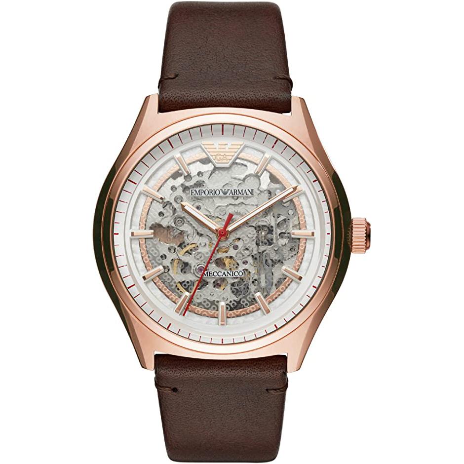 Emporio Armani Meccanico White Skeleton Dial Brown Leather Strap Watch For Men - AR60005 Watches Emporio Armani   