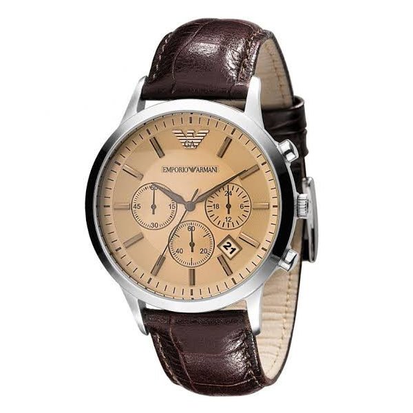 Emporio Armani Classic Chronograph Beige Dial Brown Leather Strap Watch For Men - AR2433 Watches Emporio Armani   