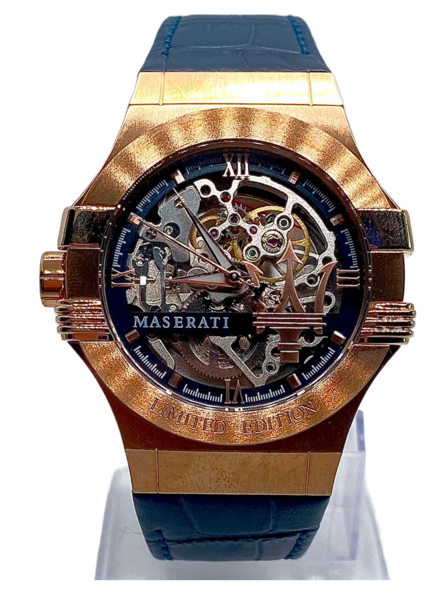 Maserati Automatic Skeleton Dial Rose Gold Blue Leather Strap Watch For Men - R8821108022 Watches Maserati   