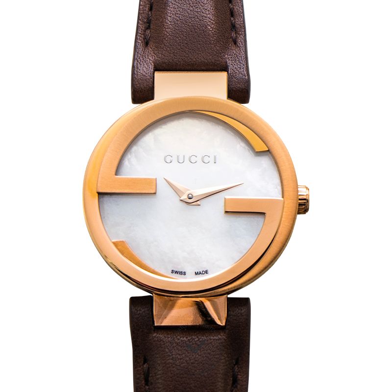 Gucci G Interlocking Mother of Pearl Dial Brown Leather Strap Watch For Women - YA133516 Watches Gucci   