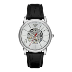 Emporio Armani Meccanico Silver Skeleton Dial Black Leather Watch For Men - AR1997 Watches Emporio Armani   