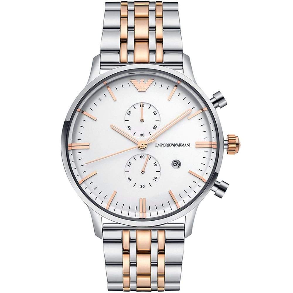 Emporio Armani Chronograph White Dial Two Tone Stainless Steel Strap Watch For Men - AR0399 Watches Emporio Armani   