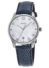 Gucci G-Timeless Signature Mother of Pearl Silver Dial Blue Leather Strap Watch For Women - YA1264049 Watches Gucci   