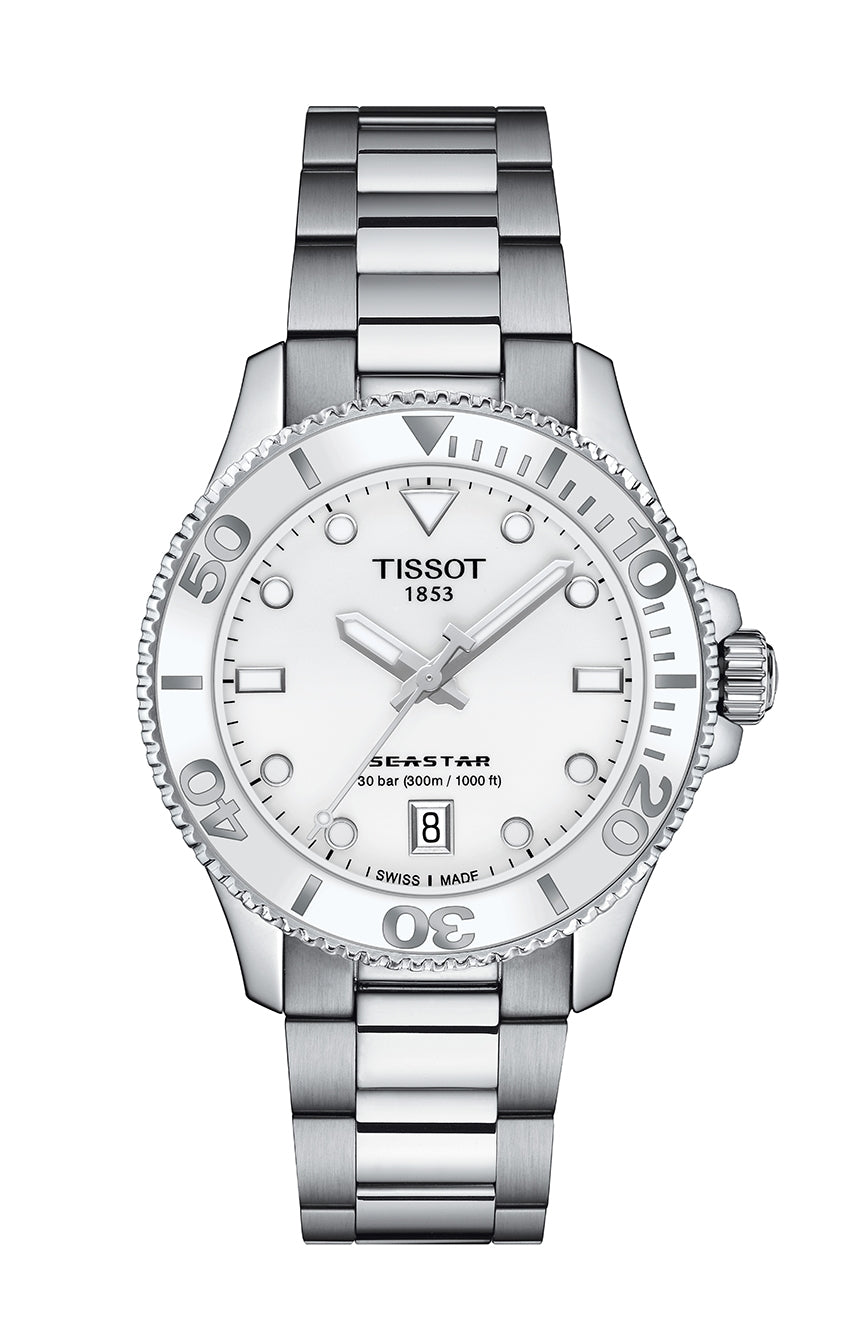 Tissot Seastar 1000 Lady Quartz 36mm White Dial Stainless Steel Strap Unisex Watch - T120.210.11.011.00 Watches Tissot   