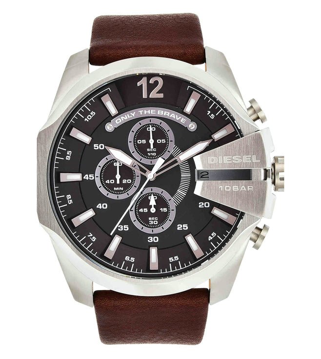 Diesel Mega Chief Black & Silver Round Dial Brown Leather Watch For Men - DZ4290 Watches Diesel   