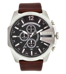 Diesel Mega Chief Black & Silver Round Dial Brown Leather Watch For Men - DZ4290 Watches Diesel   