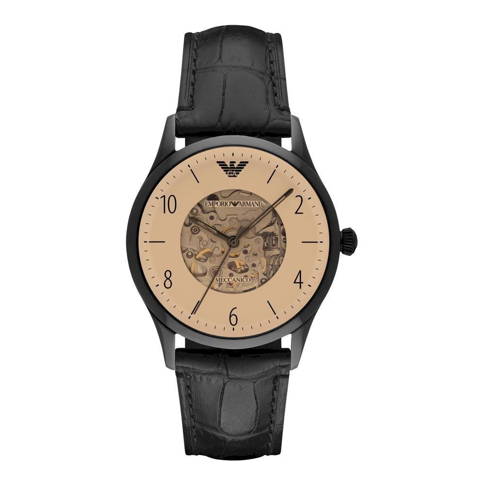 Emporio Armani Meccanico White Dial Black Leather Strap Watch For Men - AR1923 Watches Emporio Armani   